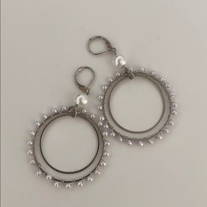Silver double hoop dangling earrings w/ faux pearl